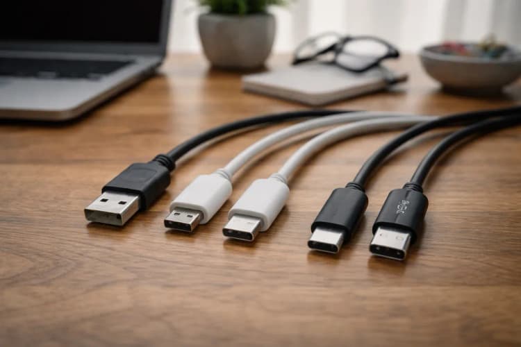 Ilustrasi meja kerja dengan tiga kabel berbeda: USB-A ke micro-USB (berlabel '2016'), USB-C ke USB-C (tanpa logo), dan kabel USB-C bersertifikasi dengan logo USB-IF di ujung konektor