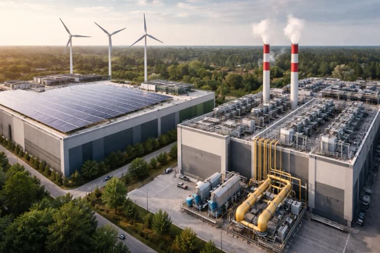 Ilustrasi dua data center berdampingan: satu dengan panel surya dan turbin angin, satunya dengan cerobong gas dan pipa distribusi — gaya infografis teknis realistis