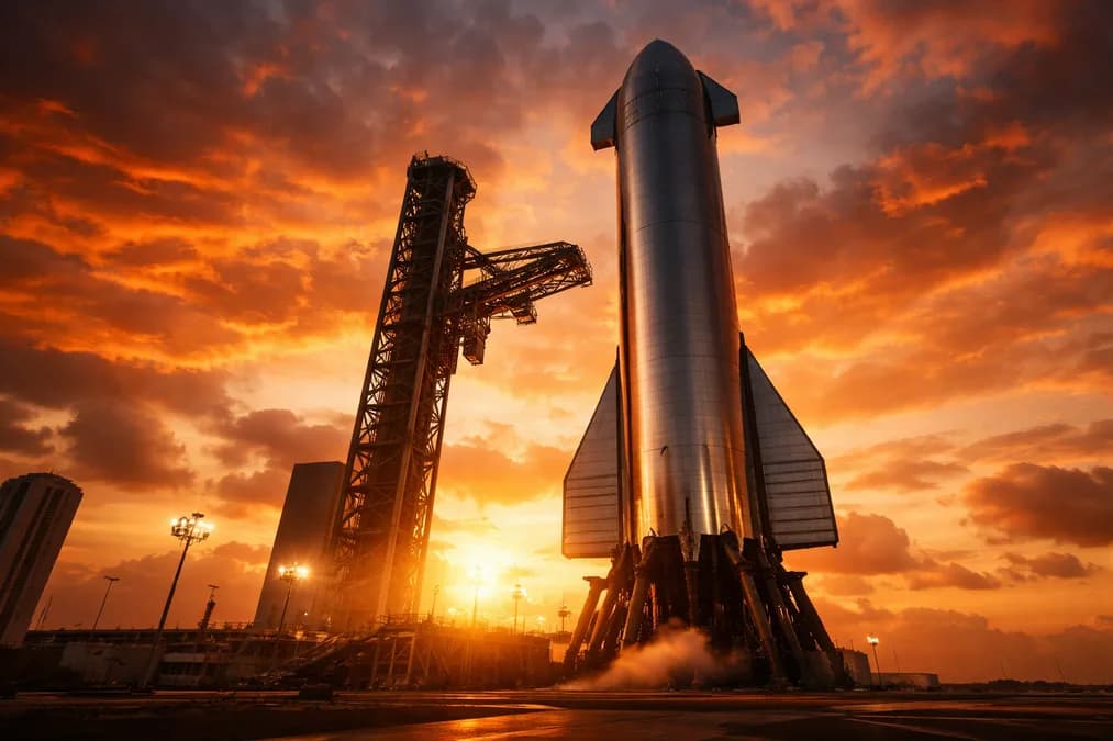 Starship rocket on launch pad: Starship-13 Bawa 20 Satelit Starlink V3: Uji Coba atau Peluncuran Komersial Tersembunyi?