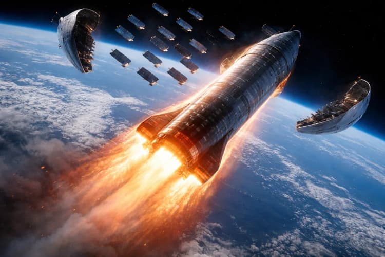 Ilustrasi Starship-13 sedang dalam fase re-entry dengan 20 satelit Starlink V3 terlihat terpisah dari fairing di latar belakang Bumi