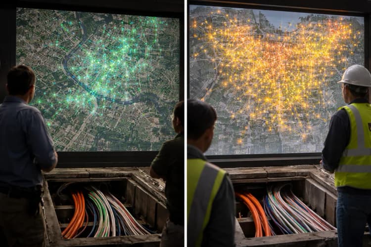 Ilustrasi perbandingan peta jaringan fiber di kota AS (Austin) dan Jakarta, menunjukkan kepadatan titik distribusi dan ketersediaan ducting bawah tanah