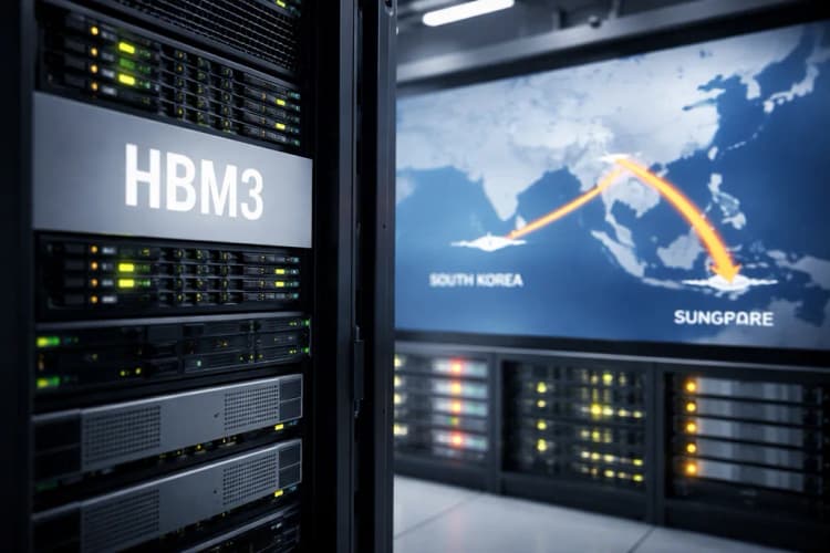 Ilustrasi server rack dengan label 'HBM3' di samping diagram aliran pasokan dari Korea Selatan ke Singapura lalu ke Jakarta