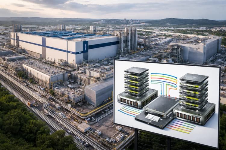 Ilustrasi pabrik chip Samsung di Pyeongtaek dengan diagram alur integrasi HBM4-Broadcom di sampingnya