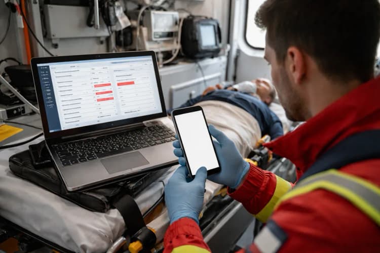 Ilustrasi antarmuka Maia Care menampilkan dashboard real-time dengan highlight merah pada kolom 'diagnosis tanpa gejala' dan notifikasi push di ponsel paramedis