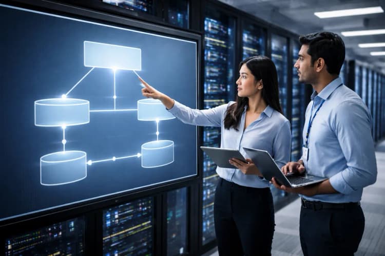 Ilustrasi pusat data dengan diagram alur antara 'Policy Engine', 'Memory Layer', dan 'Legacy System Integration'