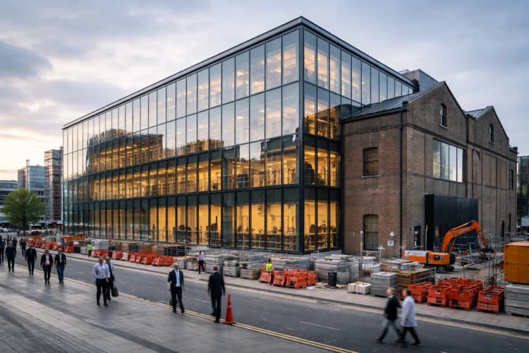 Ilustrasi bekas gudang buah tropis di Dublin Docklands yang sedang direnovasi menjadi kantor teknologi dengan fasad kaca dan logo OpenAI di dinding samping