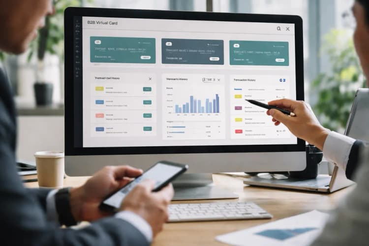 Ilustrasi dashboard manajemen kartu virtual B2B dengan tampilan batas pengeluaran per vendor, status aktif/nonaktif, dan riwayat transaksi real-time