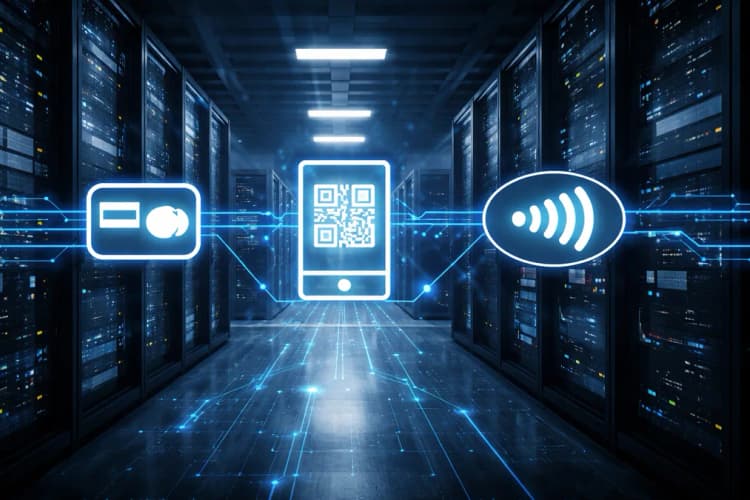 Ilustrasi server data center dengan logo Visa, Mastercard, dan QRIS saling terhubung melalui garis digital