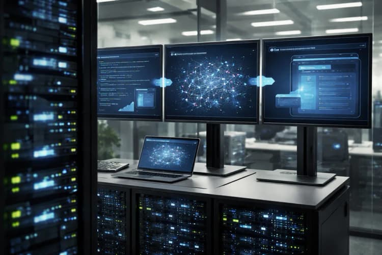 Ilustrasi server Microsoft Azure dengan overlay visual alur deteksi serangan AI: dari input kode berbahaya → transformasi ke representasi graf jaringan → highlight node anomali → output rekomendasi mitigasi otomatis