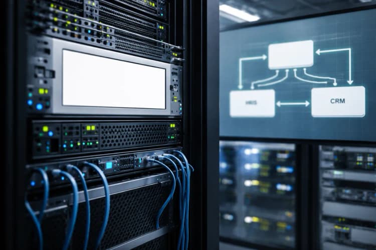 Ilustrasi server rack dengan label 'Llama Enterprise API' dan diagram alur integrasi ke sistem HRIS dan CRM lokal