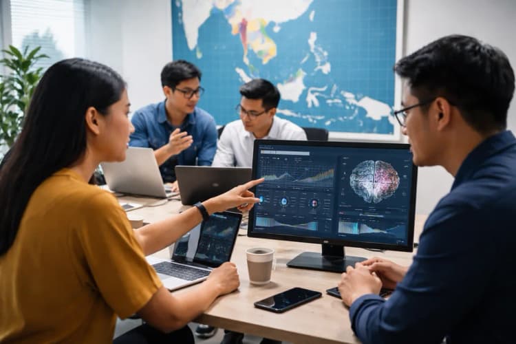 Ilustrasi ruang kerja kolaboratif antara insinyur data Filipina dan engineer dari Singapura, dengan peta ASEAN di latar belakang dan dashboard real-time integrasi AI terlihat di layar komputer
