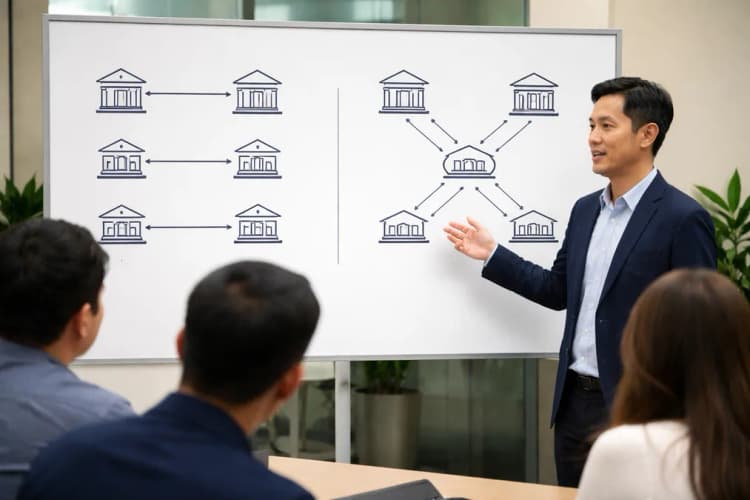 Ilustrasi perbandingan dua alur transfer: kiri dengan tiga lapisan bank koresponden dan kanan dengan koneksi langsung antar-jaringan nasional, disertai ikon DuitNow dan logo Wise