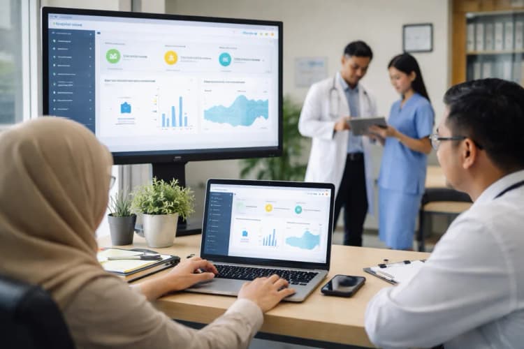 Ilustrasi antarmuka Hospitalstore menampilkan dashboard verifikasi izin BPOM dan integrasi dengan sistem e-procurement rumah sakit