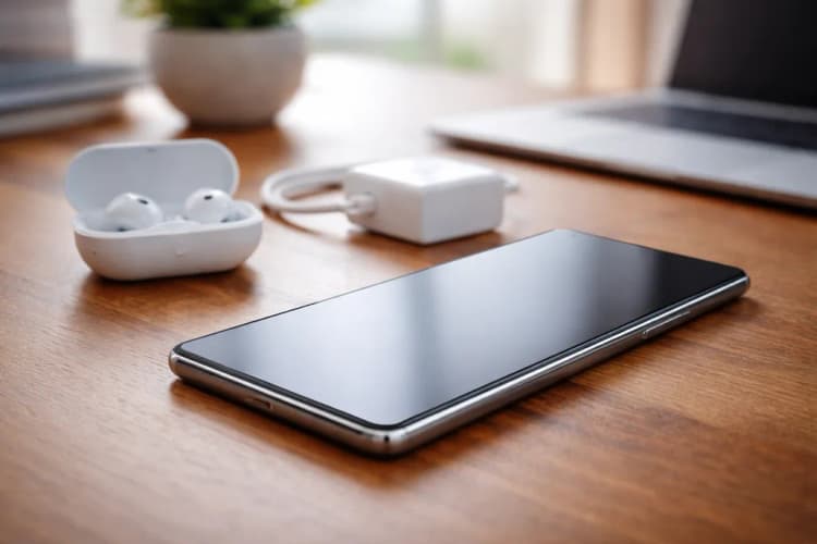 Ilustrasi konsep ponsel Tecno dengan layar menyatu sempurna, tanpa celah di keempat sisi, diletakkan di atas meja kayu bersama charger dan earphone nirkabel