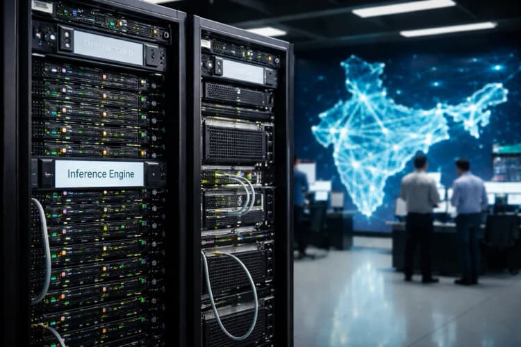 Ilustrasi pusat data lokal Sarvam AI di Hyderabad dengan server berlabel 'Sarvam Inference Engine' dan peta jaringan fiber optik nasional di latar belakang