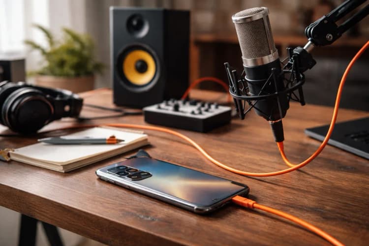 Ilustrasi meja kerja kreator konten lokal dengan ponsel Realme GT Neo 6 Pro, kabel audio berwarna oranye terhubung ke mikrofon kondensor dan speaker aktif