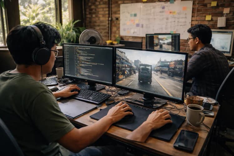 Ilustrasi studio indie kecil di Yogyakarta dengan dua monitor, satu menampilkan kode kontrol mouse ganda, satunya lagi rekaman uji coba sopir truk di pelabuhan