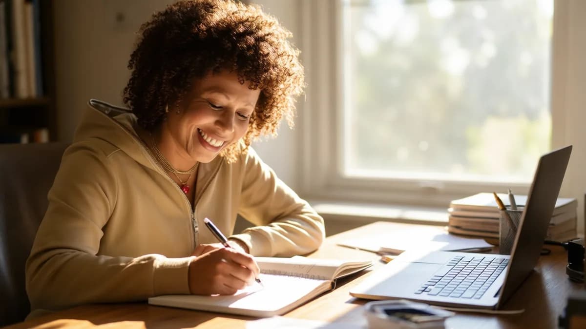 Smiling woman with curly hair: Humor Gelap sebagai Alat Bertahan: Ketika AI Belum Bisa Gantikan Nada Suara Manusia