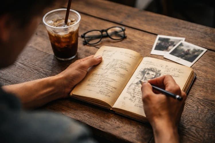 Ilustrasi sketsa tangan menulis di buku catatan tua, dengan secangkir kopi dingin dan foto polaroid usang di sampingnya