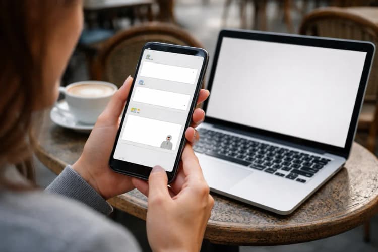 Ilustrasi layar ponsel dengan tiga notifikasi berbeda: satu di aplikasi perbankan bertuliskan 'Respon otomatis oleh AI', satu di aplikasi media sosial berikon robot kecil di bawah video, dan satu di aplikasi email berlabel 'Isi pesan dihasilkan oleh model bahasa'