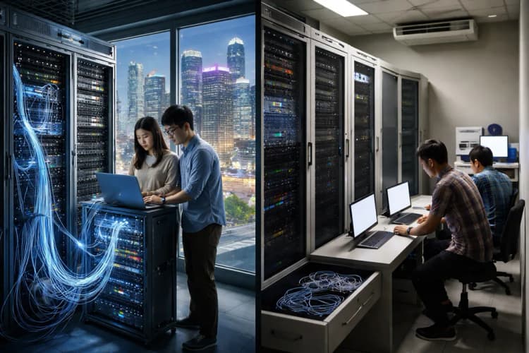 Ilustrasi perbandingan dua laboratorium: satu di Singapura dengan akses langsung ke jaringan kota via kabel fiber optik terbuka, satunya di Bandung dengan server terkunci di ruang AC dan kabel sensor tergulung di laci