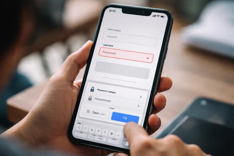 Ilustrasi antarmuka password manager sedang mengisi form login di situs BPJS Kesehatan versi mobile, dengan highlight pada kolom yang gagal terisi otomatis