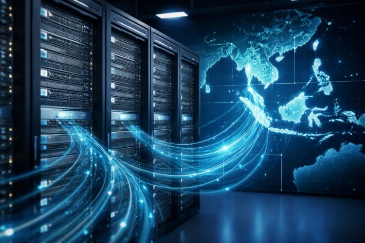 Ilustrasi server rack dengan logo Qwen dan garis alur data mengarah ke peta Asia Tenggara