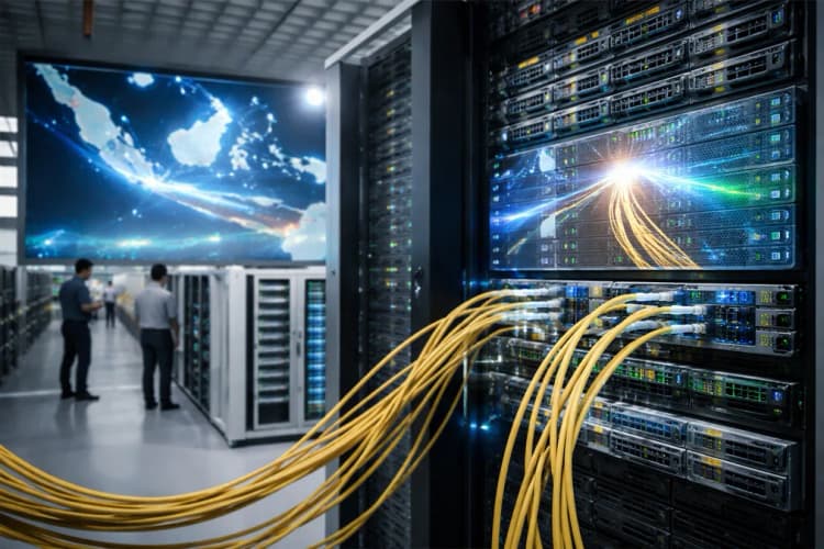 Ilustrasi pusat data Equinix JP1 di Jakarta dengan kabel fiber optik terhubung ke server Azure dan diagram alur data antar-kota di Indonesia