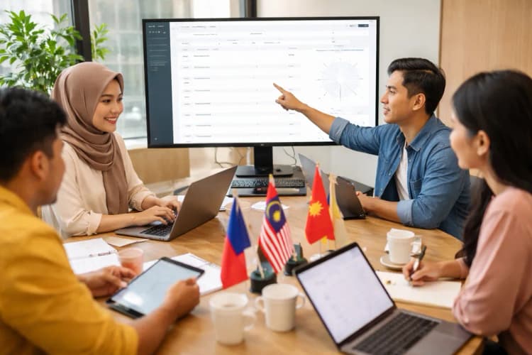 Ilustrasi kolaboratif antara evaluator manusia dari berbagai negara Asia Tenggara dan antarmuka platform DesignArena yang menampilkan skor 'rasa' berbasis konteks budaya