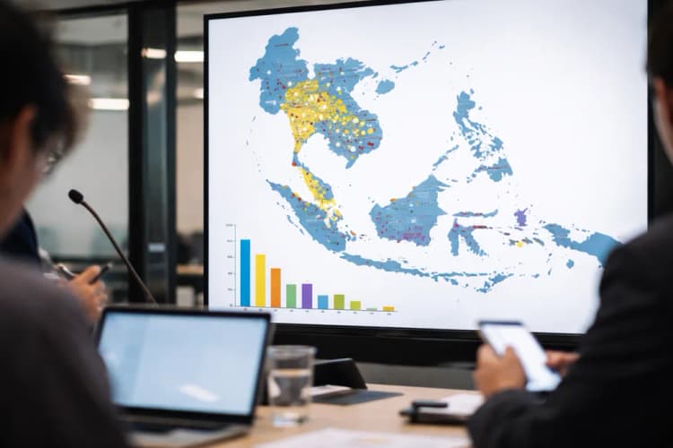 Ilustrasi peta Asia Tenggara dengan titik-titik berwarna berbeda mewakili jumlah startup cleantech di tiap negara, disertai grafik batang vertikal menunjukkan alokasi dana ventura per negara