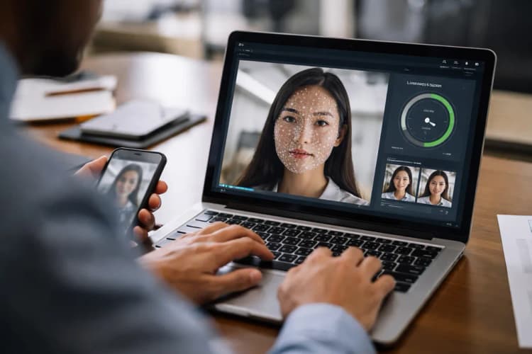 Ilustrasi antarmuka verifikasi Clarity dengan tampilan real-time face mesh dan indikator liveness score di layar laptop