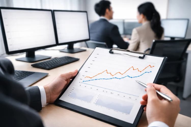 Ilustrasi grafik perbandingan kinerja ETF Hanwha vs indeks saham teknologi Korea Selatan selama 6 bulan pertama peluncuran, dengan garis biru menunjukkan volatilitas lebih rendah