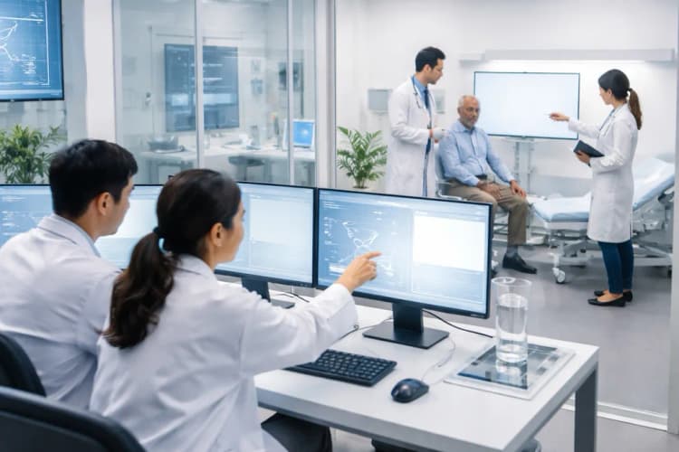 Ilustrasi kolaborasi antara laboratorium AI dan ruang konsultasi dokter di rumah sakit modern, dengan layar menampilkan visualisasi data pasien dan diagram alur validasi klinis