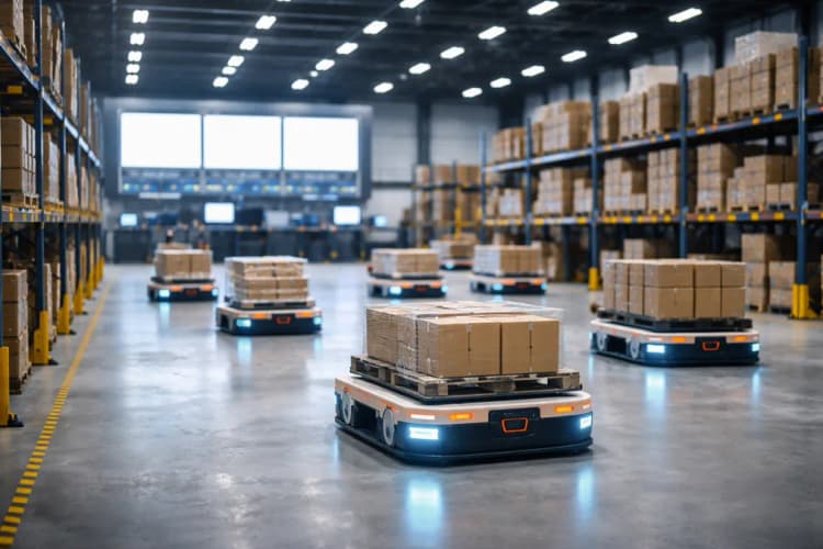 Ilustrasi gudang logistik modern dengan armada robot beroda bergerak koordinatif di bawah lampu LED, layar kontrol berbasis AI tampak di latar belakang