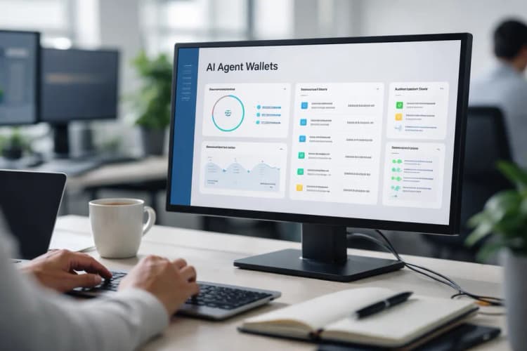 Ilustrasi antarmuka dashboard Cloudflare dengan panel 'AI Agent Wallets', menampilkan batas pengeluaran, riwayat transaksi, dan status otorisasi