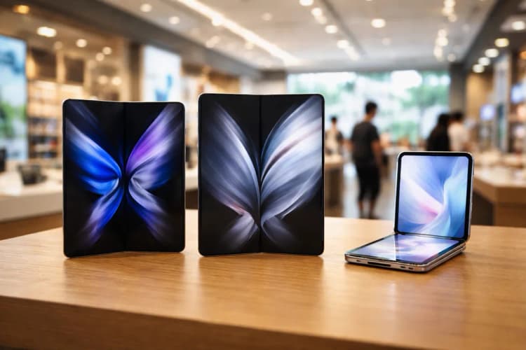 Ilustrasi tiga ponsel Samsung Fold8, Fold8 Ultra, dan Flip8 diletakkan berdampingan di atas meja kayu dengan latar belakang toko gadget di Jakarta Selatan
