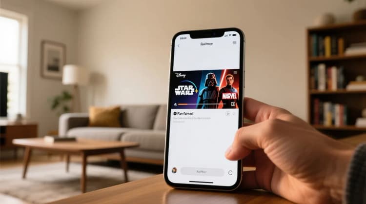 Ilustrasi layar ponsel menampilkan feed Verts di Disney Plus dengan thumbnail video fan-made berlatar karakter Star Wars dan Marvel