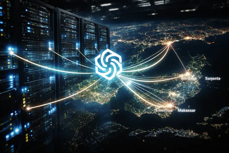 Ilustrasi server rack Azure dengan overlay logo OpenAI dan grafik aliran data ke kota-kota besar di Indonesia seperti Jakarta, Surabaya, dan Makassar