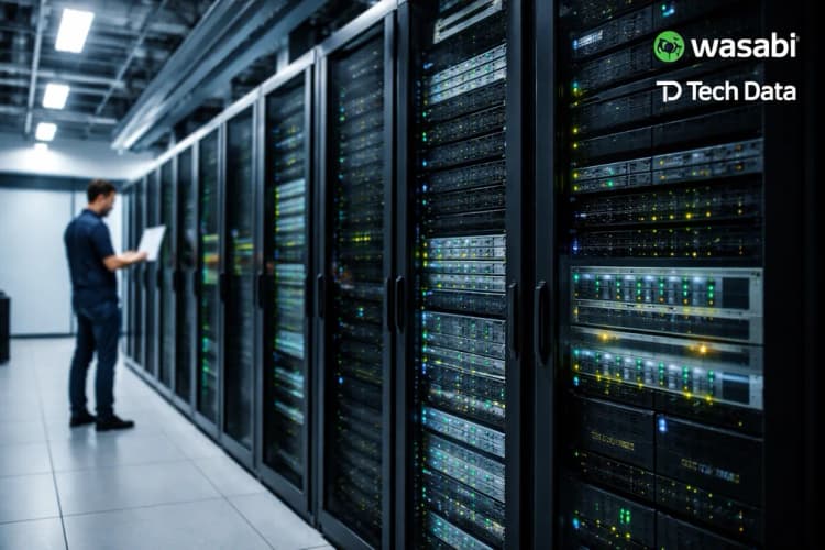 Ilustrasi server rack di pusat data Singapura dengan logo Wasabi dan Tech Data di sudut kanan bawah