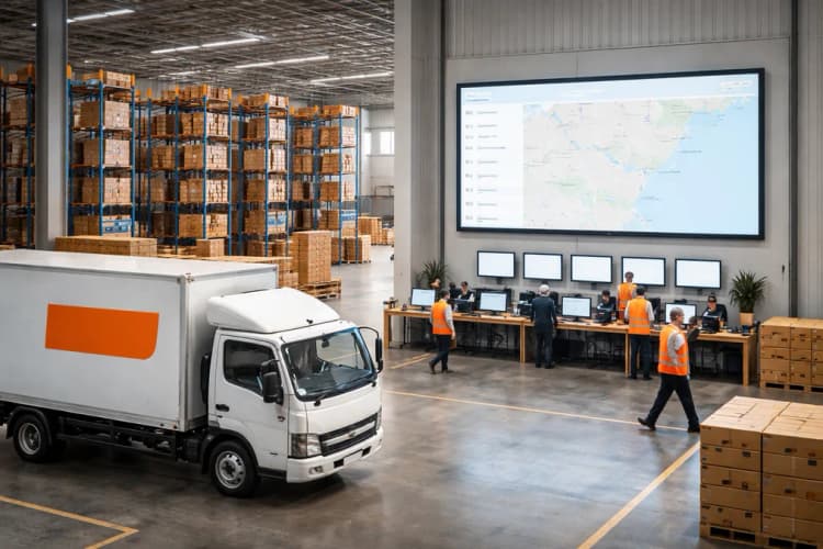 Ilustrasi hub logistik HomeRun di Bandung dengan truk berlogo, rak penyimpanan otomatis, dan layar dashboard real-time yang menampilkan rute pengiriman
