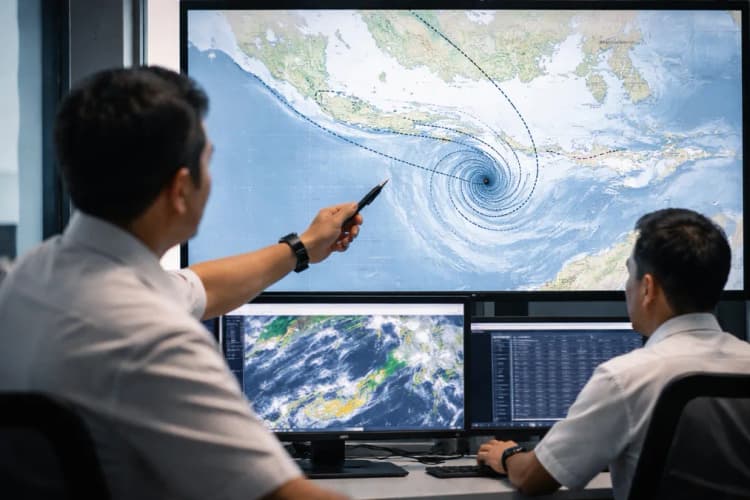 Ilustrasi perbandingan visual antara peta prediksi lintasan siklon dari model GFS (garis putus-putus lebar) dan WeatherNext (garis solid sempit), dengan titik awal deteksi berjarak 12 hari sebelum landfall di pesisir selatan Jawa