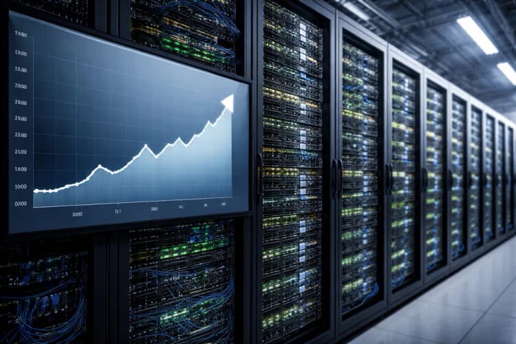 Ilustrasi server rack Naver Cloud dengan label 'Korean LLM Training Cluster' dan grafik beban komputasi naik tajam di Q1 2024