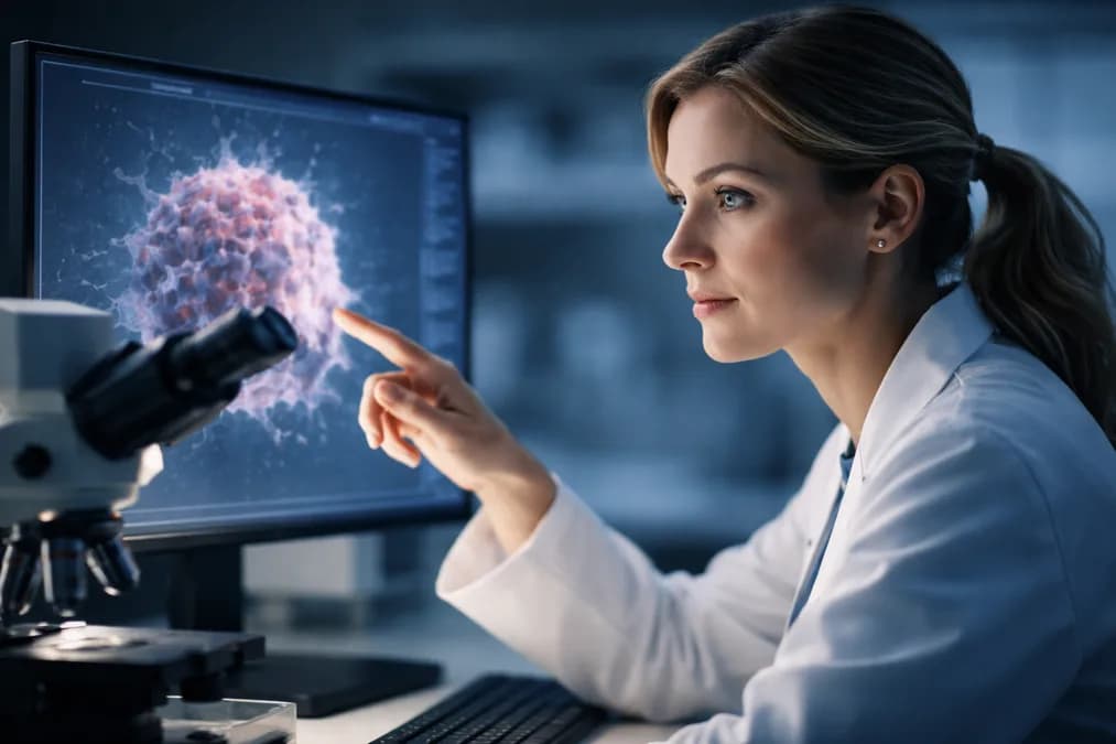 Scientist examining tumor sample: Digital Twin Tumor: Saat Obat Kanker Diuji di Laboratorium Sebelum Masuk Pasien