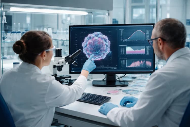 Ilustrasi laboratorium modern dengan petugas memantau layar analisis organoid tumor dan grafik respons obat real-time