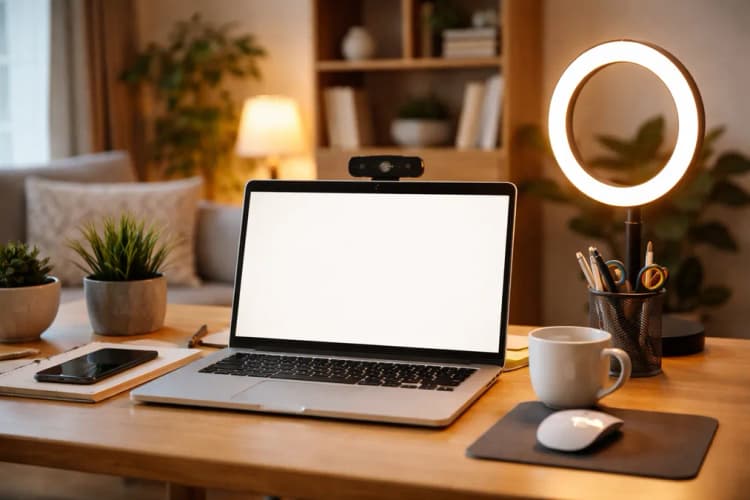 Ilustrasi meja kerja di rumah dengan laptop, webcam eksternal, dan lampu ring light berwarna hangat