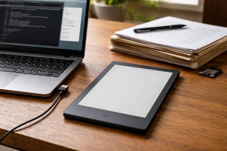 Ilustrasi X4 Pro di atas meja kayu dengan laptop Linux terbuka, layar menampilkan antarmuka CLI untuk konversi EPUB dan folder berisi file teks berlabel 'tesis-2026', kabel USB-C terhubung ke port kiri perangkat