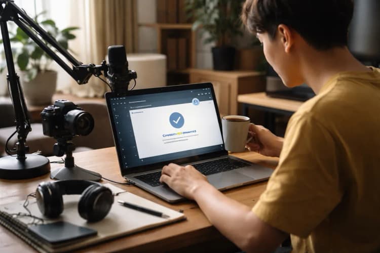 Ilustrasi studio kreator mikro di rumah dengan layar laptop menampilkan antarmuka X Creator Rewards dan notifikasi 'Content Approved'