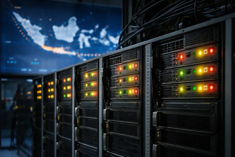 Ilustrasi server rack di pusat data Jakarta dengan lampu indikator merah-kuning-hijau di panel depan, latar belakang peta Indonesia dengan titik-titik kecil di kota besar