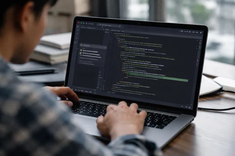 Ilustrasi layar IDE dengan antarmuka Claude Code aktif, menampilkan notifikasi 'Auto-fix applied to payment validation logic' di samping kode Python yang sedang diedit