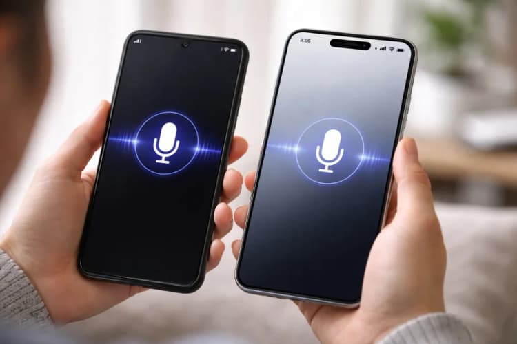 Ilustrasi smartphone Android dan iPhone menampilkan antarmuka Claude dengan ikon mikrofon aktif dan gelombang suara berwarna biru-ungu